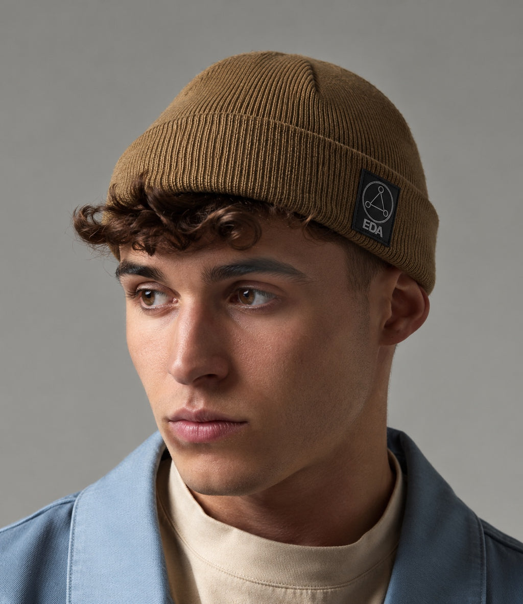 Camel fisherman beanie OG EDA side badge mockup