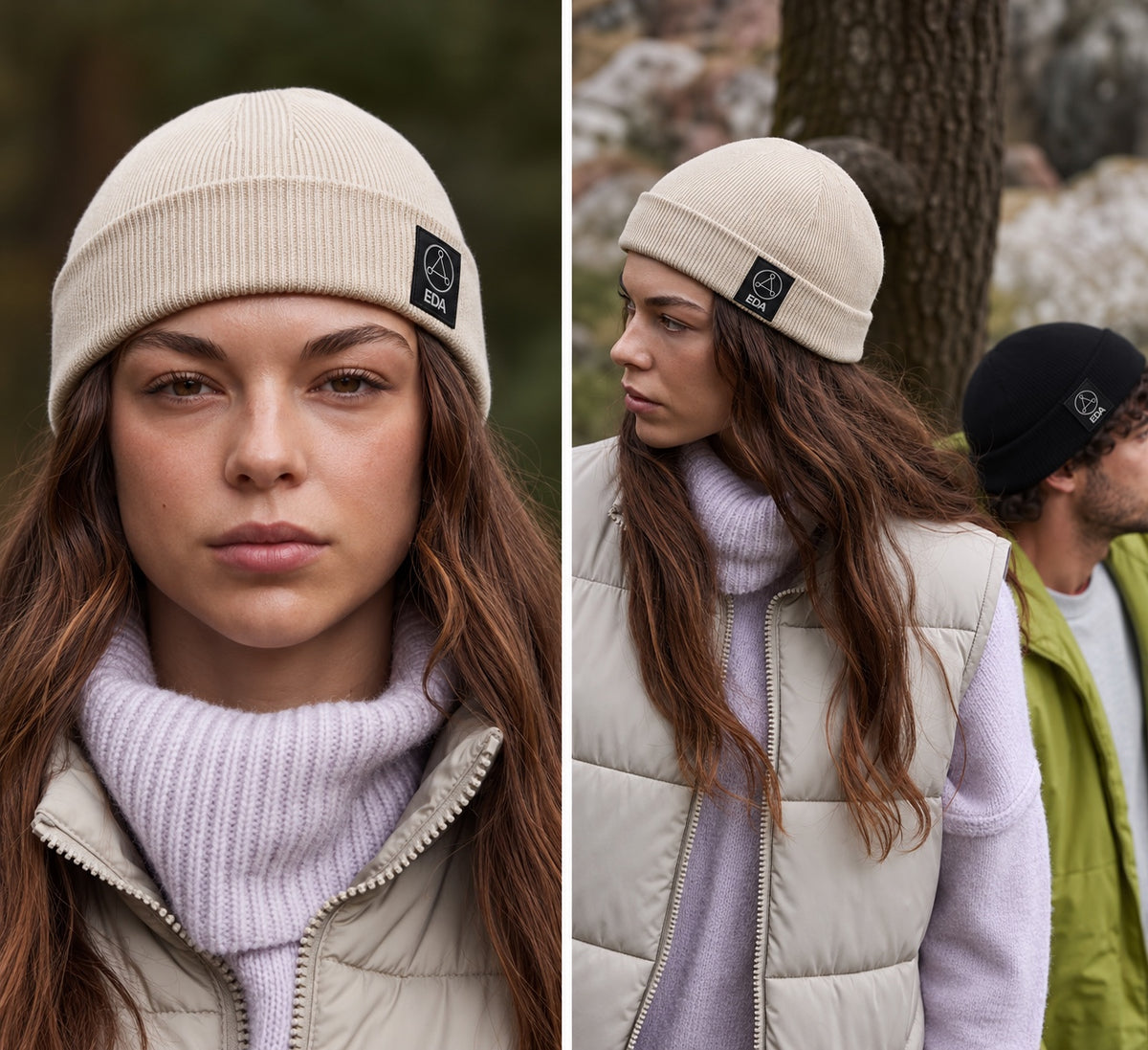 Cream and black fisherman beanies lifestyle mockup
