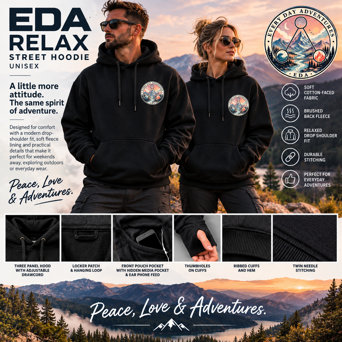 EDA Relax Street Hoodie promotional lifestyle image and features
